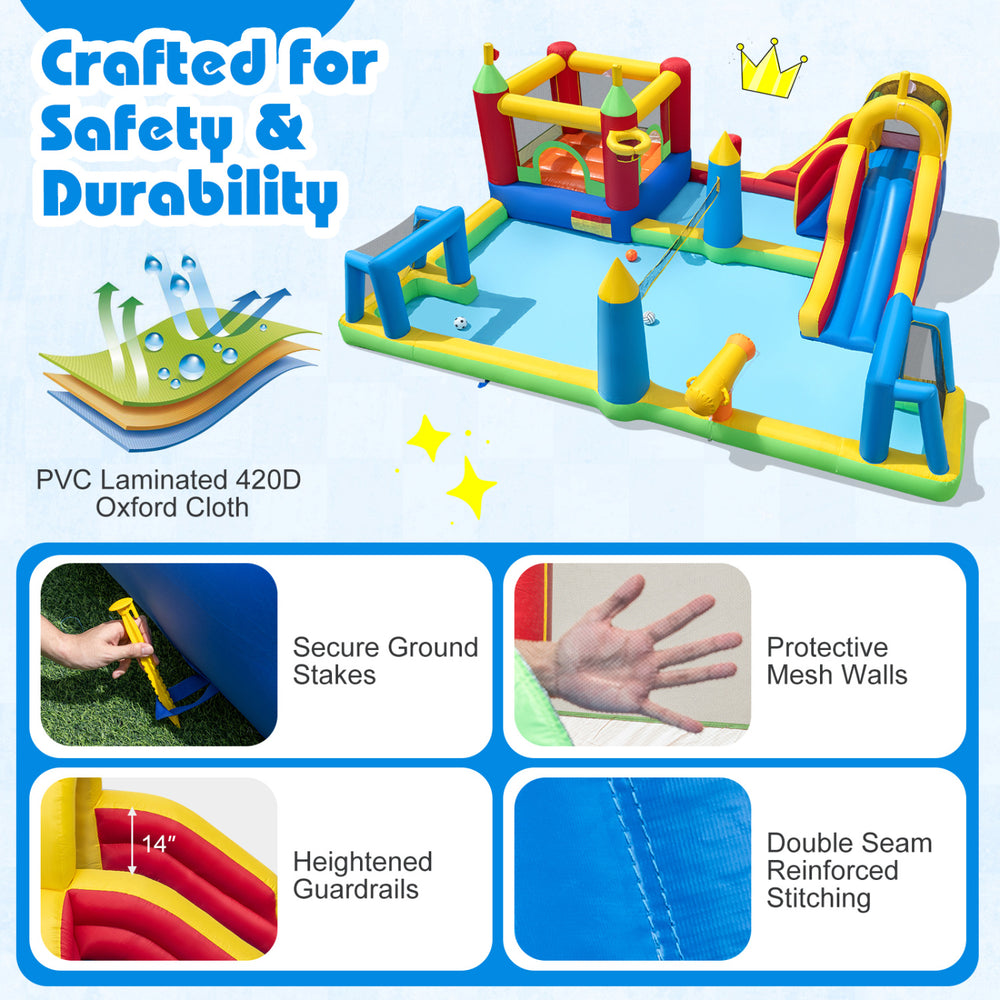 Inflatable water slide bounce house with mesh walls, 680W blower, and PVC-laminated 420D oxford cloth for safe play.