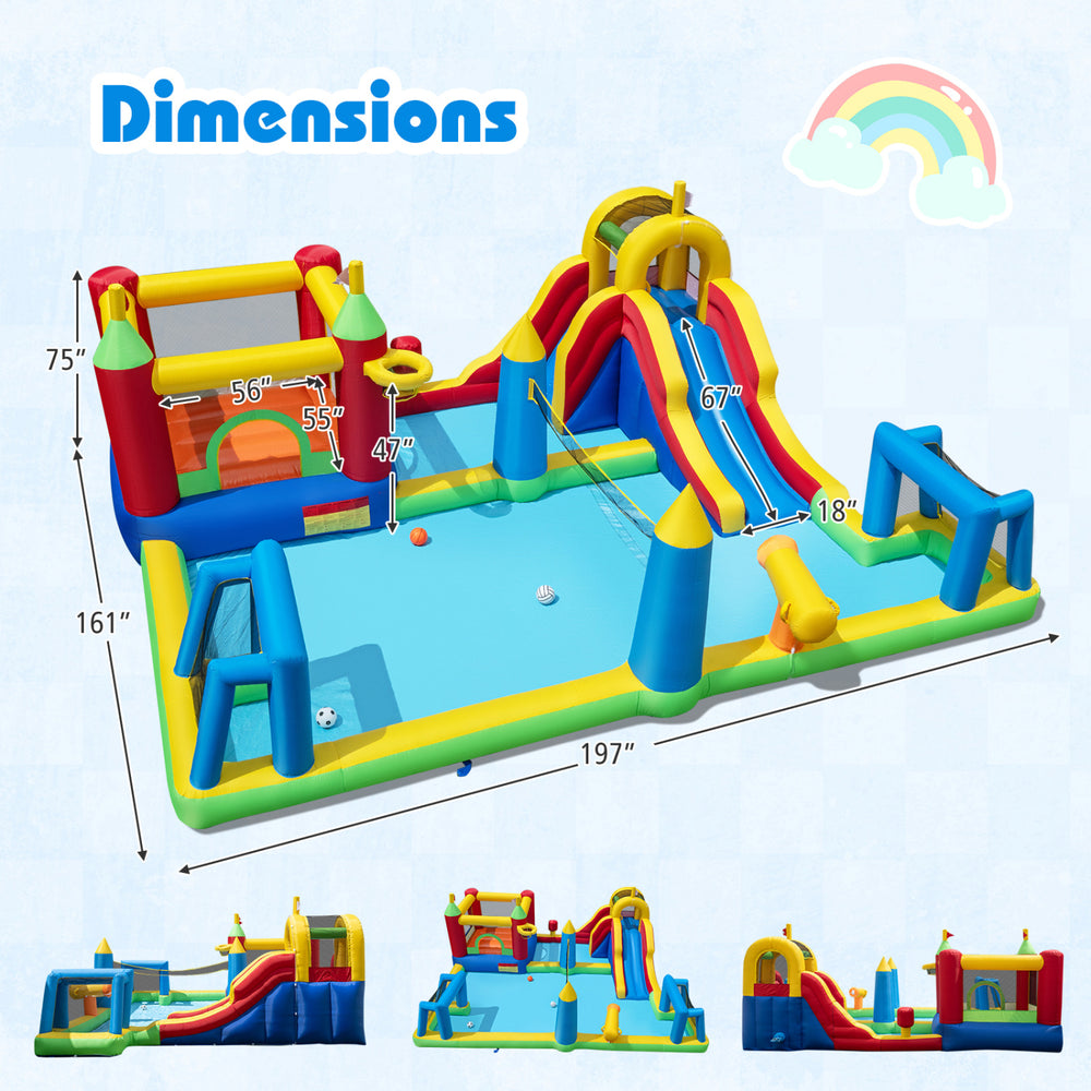 Inflatable Water Slide Bounce House dimensions with wet and dry play areas for kids' fun, featuring slides and sports.