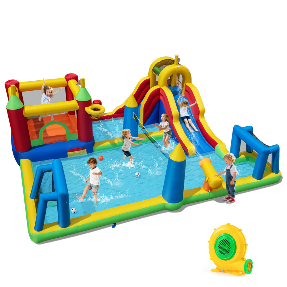 Colorful inflatable water slide bounce house with climbing, sliding, and sports features for summer fun.