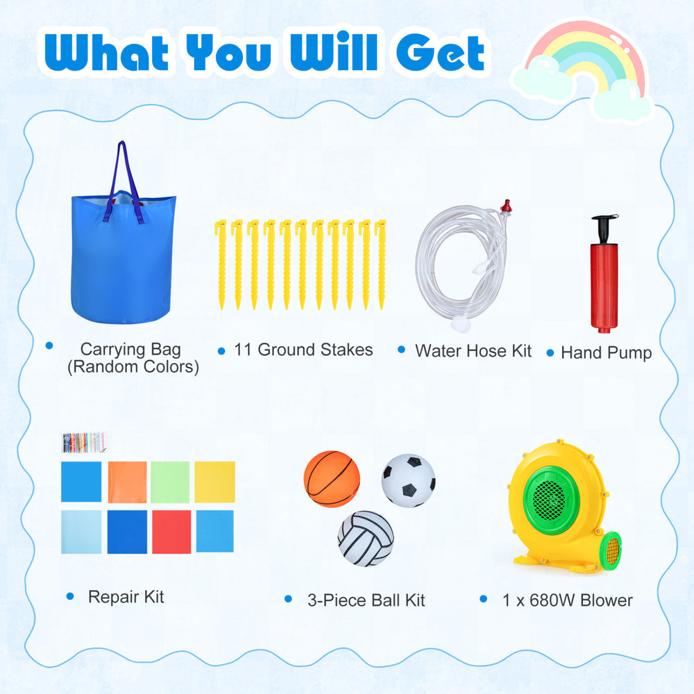 Inflatable water slide bounce house accessories including carrying bag, stakes, hose kit, hand pump, and blower for fun.