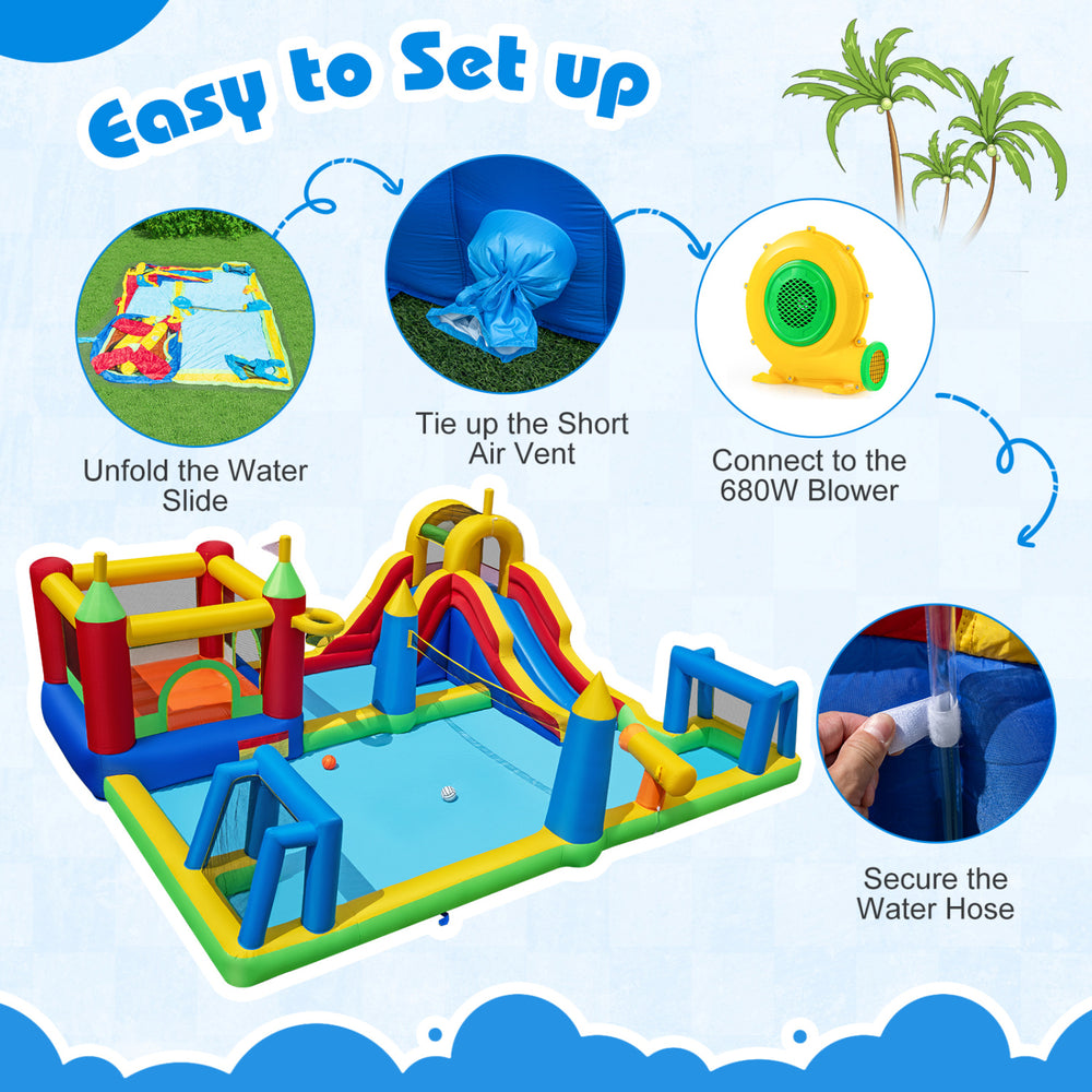 Inflatable Water Slide Bounce House 9-in-1 with 680W blower, featuring climbing, sliding, and water activities for kids.