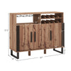 Home wine bar cabinet with three doors, adjustable shelves, and a 2-tier wine rack for organized storage in brown.