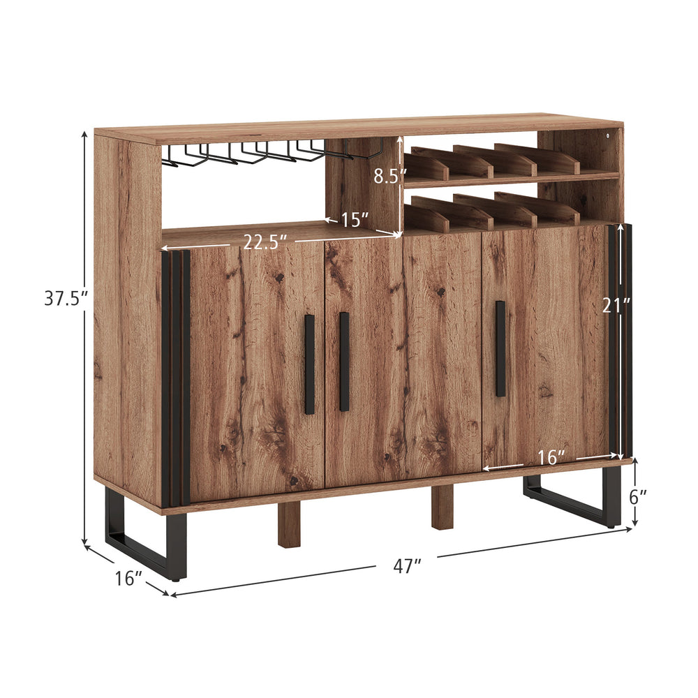 Home wine bar cabinet with three doors, adjustable shelves, and a 2-tier wine rack for organized storage in brown.