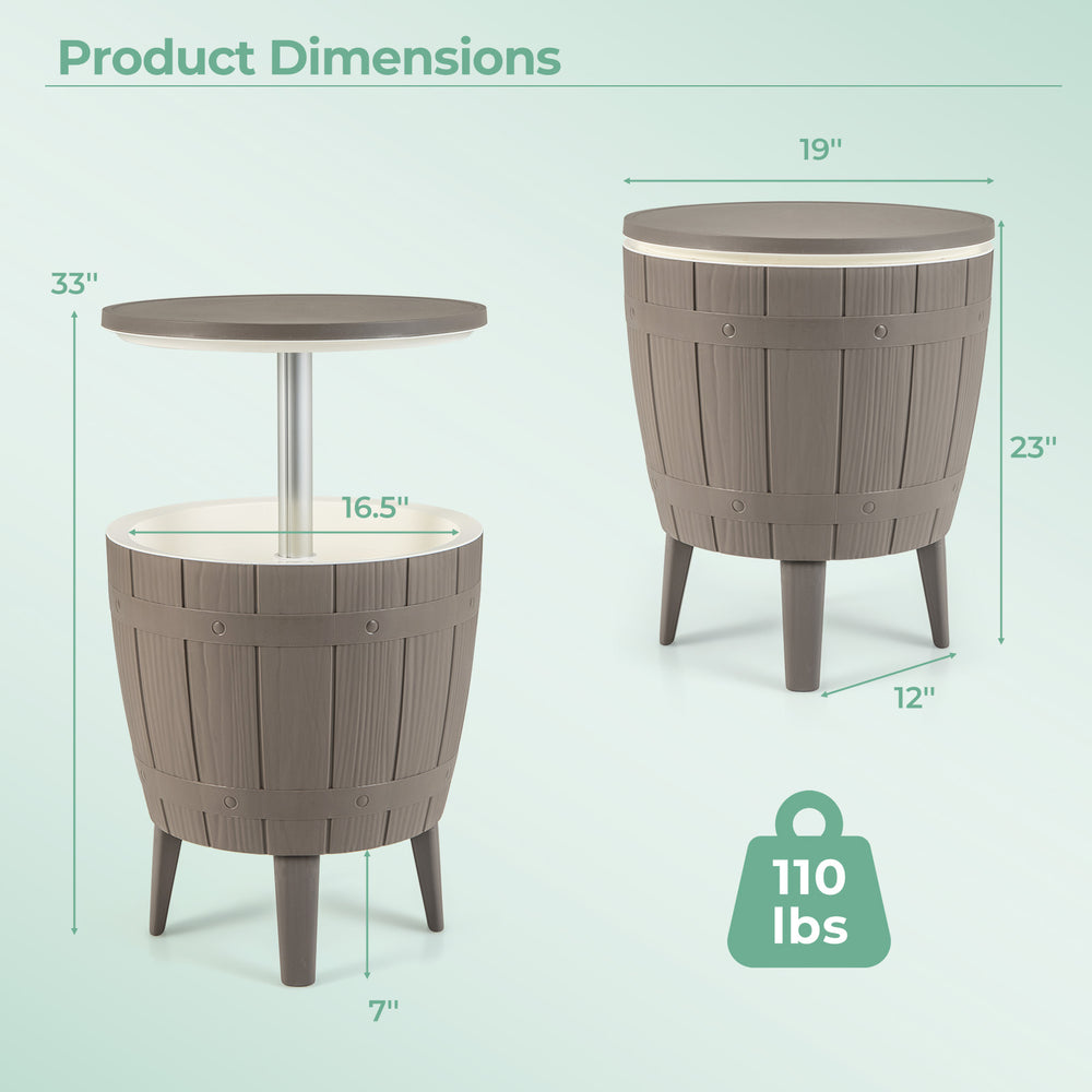 10-gallon cooler bar table in brown with telescopic tabletop, ideal for outdoor use and beverage storage.