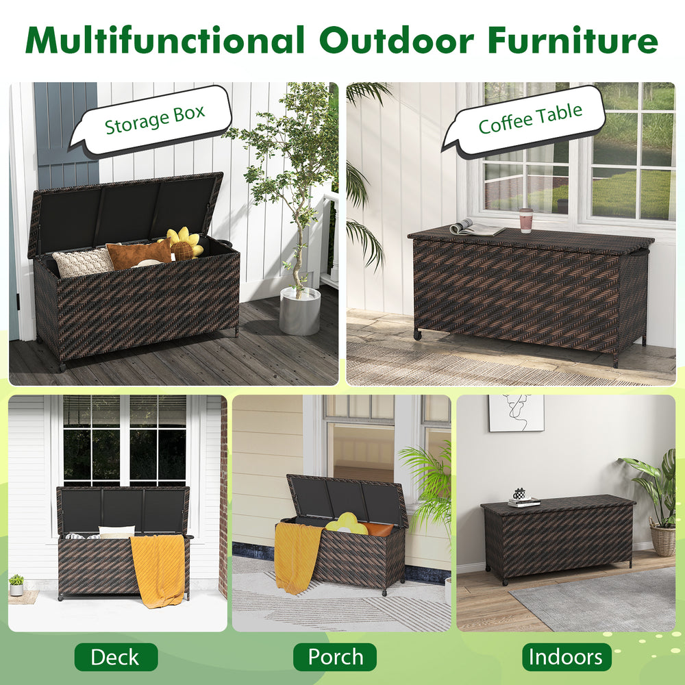 Brown 85-gallon outdoor storage box with removable liner and wheels, perfect for cushions and versatile use as a coffee.