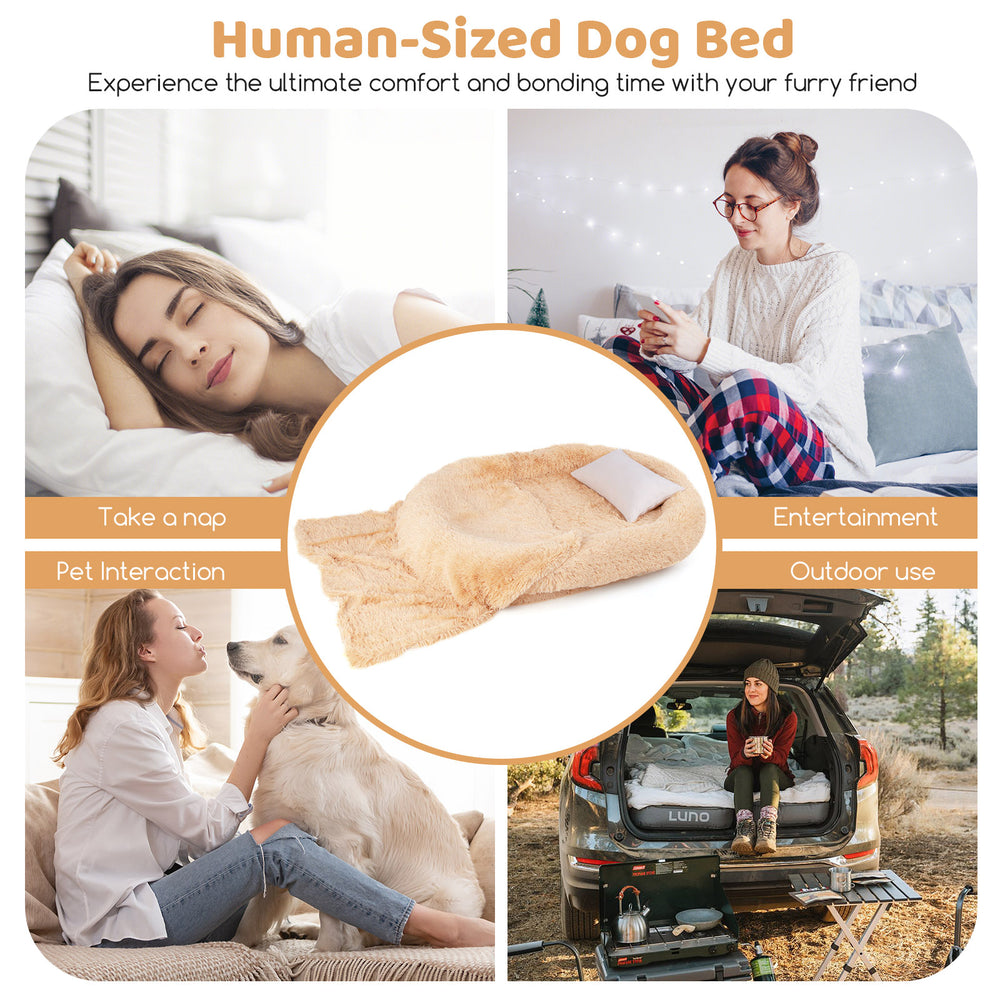 Fluffy brown human-sized dog bed with soft blanket and plump pillow, perfect for cozy naps and outdoor use.