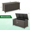Brown 85-gallon outdoor storage box with removable liner, dimensions shown, ideal for cushions and tools.