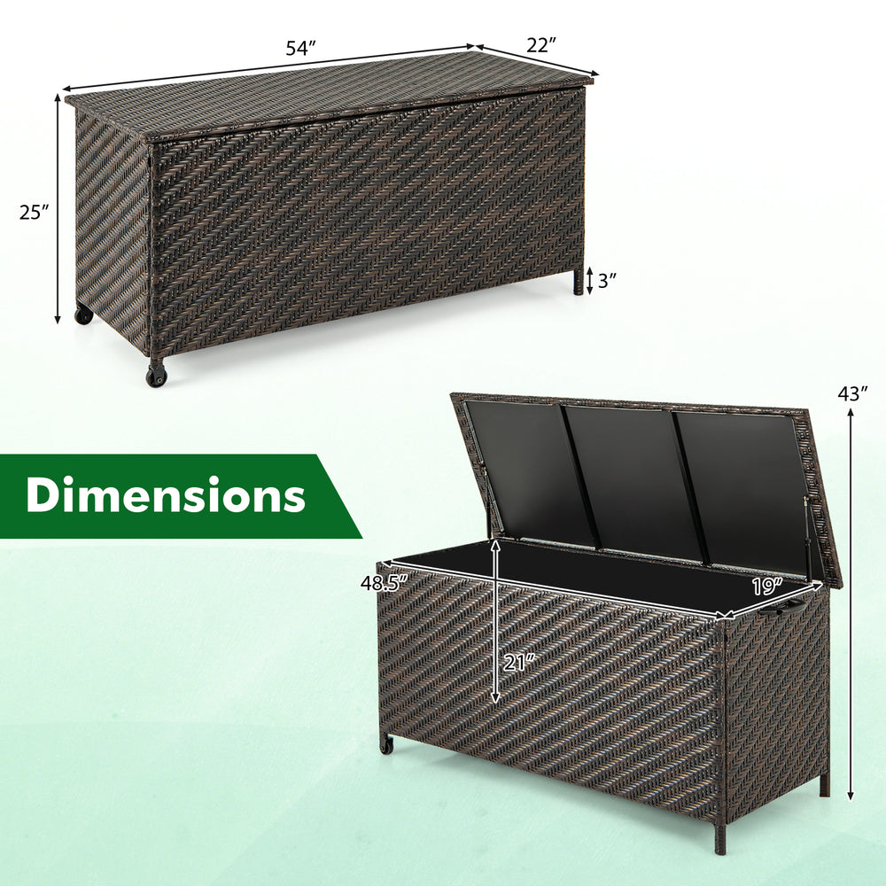 Brown 85-gallon outdoor storage box with removable liner, dimensions shown, ideal for cushions and tools.