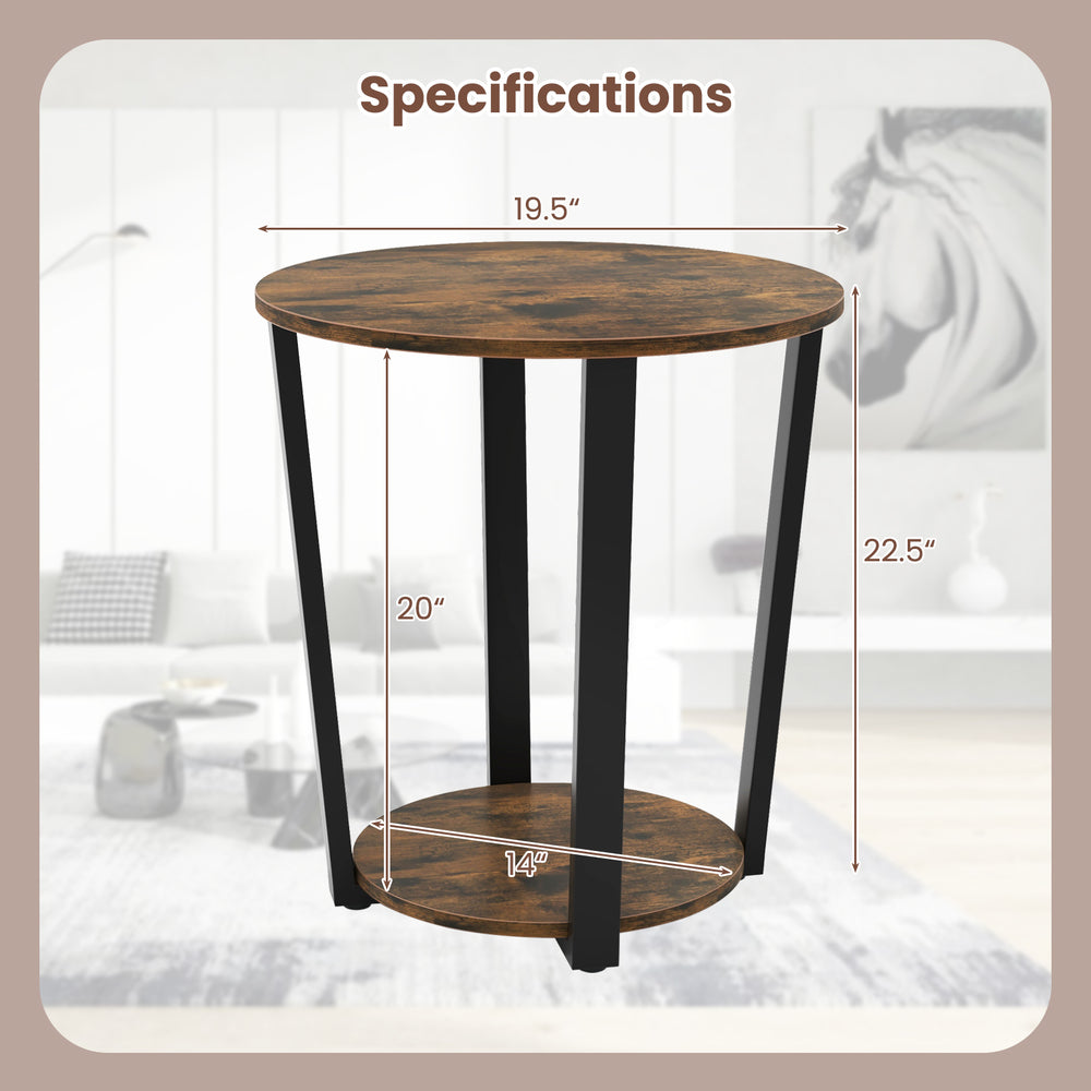 2-tier round end table with storage shelf, brown chipboard top, sturdy metal frame, ideal for living rooms and bedrooms.