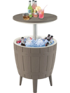Brown 10-gallon cooler bar table with telescopic tabletop, ideal for outdoor use and keeping drinks cold for hours.
