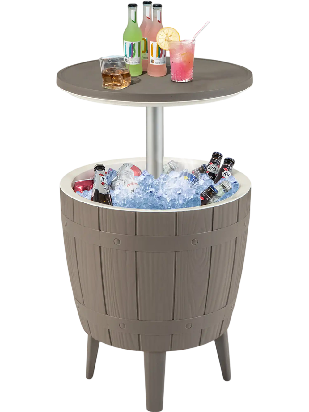 Brown 10-gallon cooler bar table with telescopic tabletop, ideal for outdoor use and keeping drinks cold for hours.