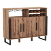 Home wine bar cabinet in brown with 3 doors, adjustable shelves, and a 2-tier wine rack for organized storage.