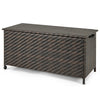 Brown 85-gallon outdoor storage box with PE rattan, removable liner, and wheels for easy mobility and versatile use.