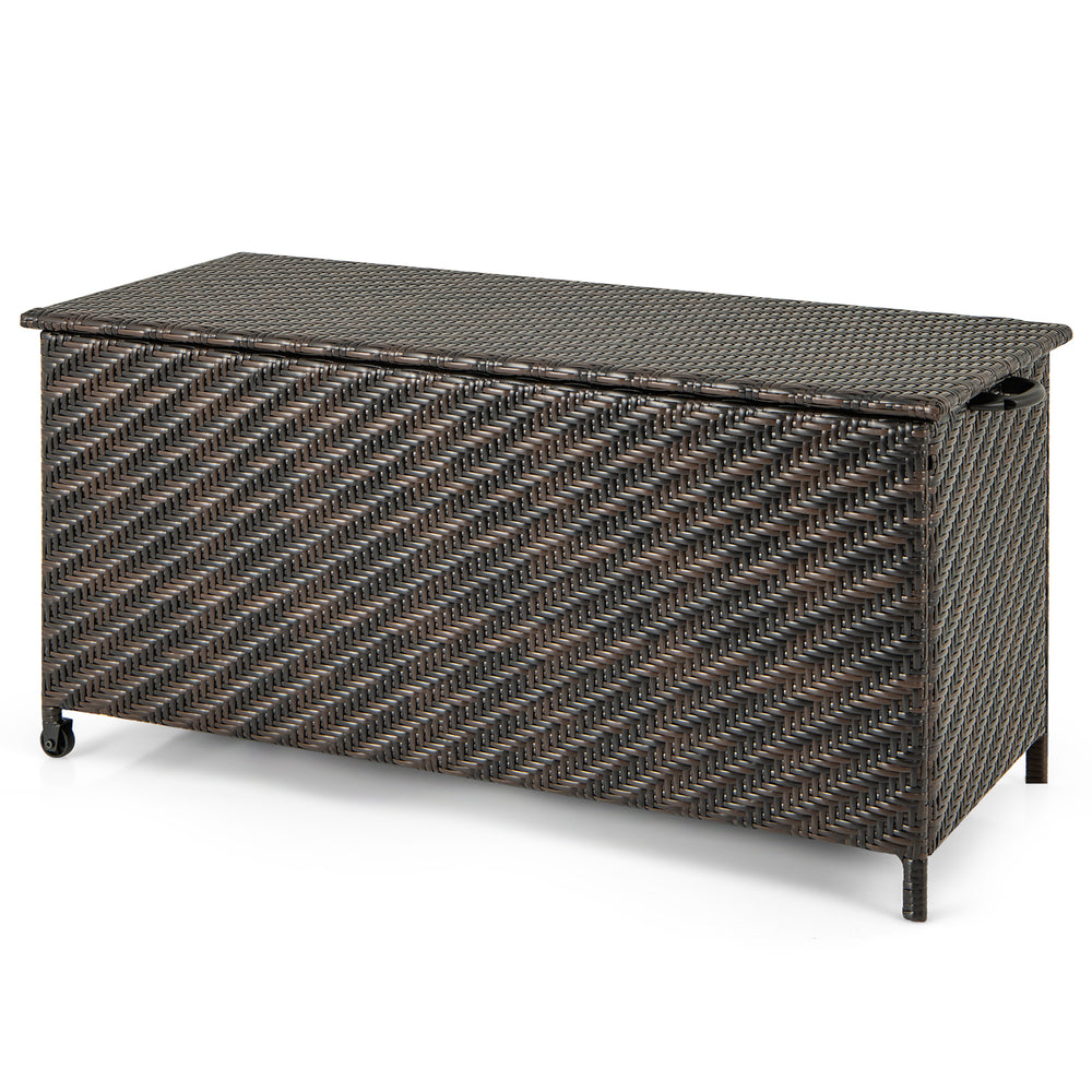 Brown 85-gallon outdoor storage box with PE rattan, removable liner, and wheels for easy mobility and versatile use.