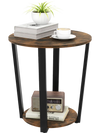 Round end table with a brown melamine surface, metal frame, and 2-tier design for versatile storage in any room.