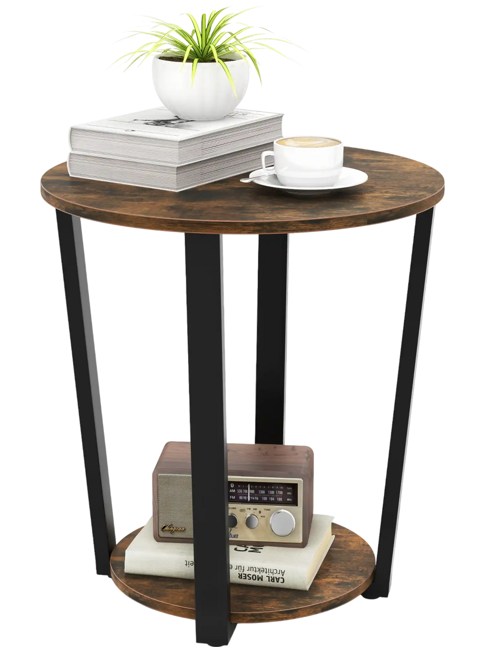 Round end table with a brown melamine surface, metal frame, and 2-tier design for versatile storage in any room.