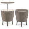 Brown 10-gallon cooler bar table with telescopic tabletop, ideal for outdoor use as an ice bucket or side table.