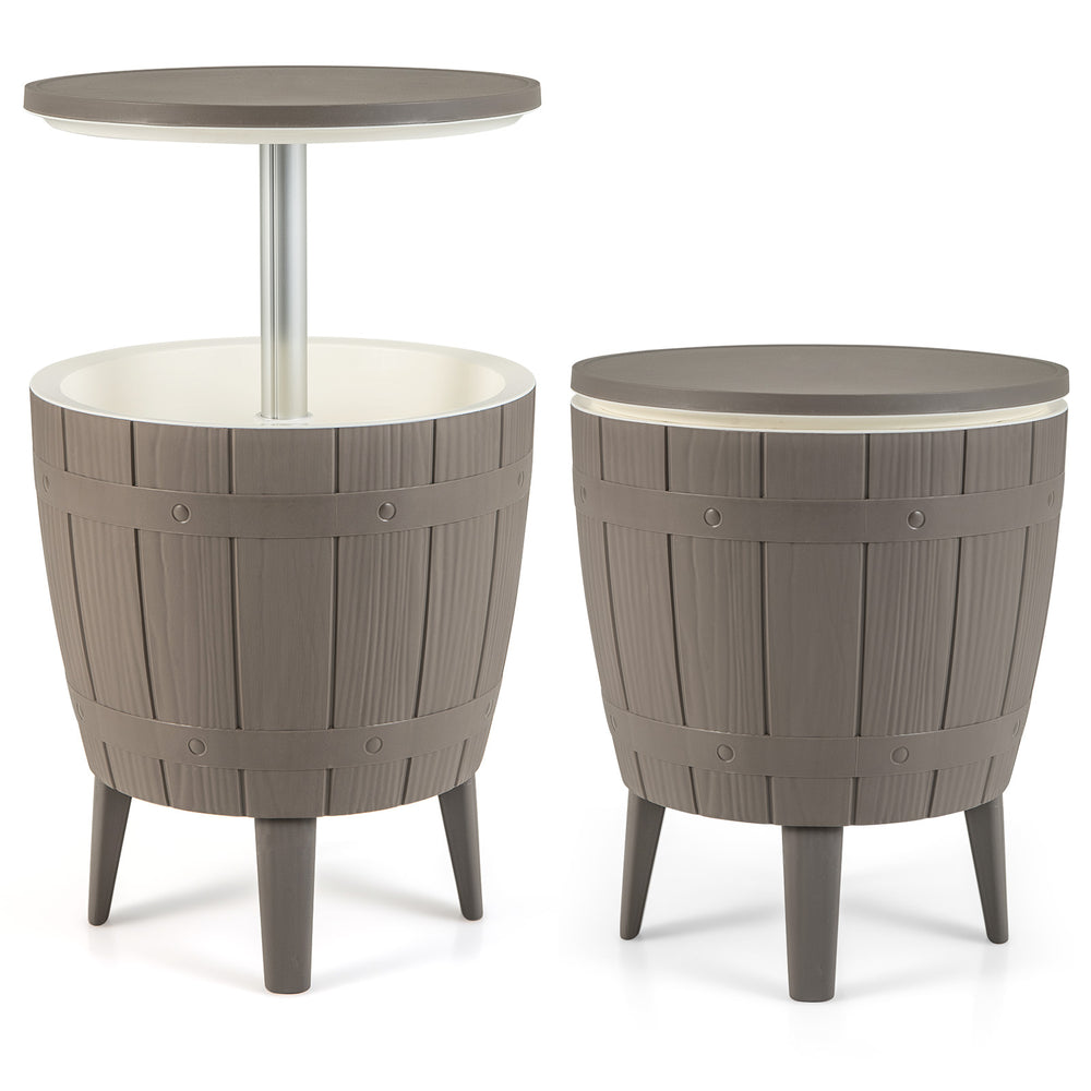 Brown 10-gallon cooler bar table with telescopic tabletop, ideal for outdoor use as an ice bucket or side table.