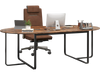 Oval industrial executive table in rustic brown, featuring dual cable holes and T-shaped metal legs for meetings.