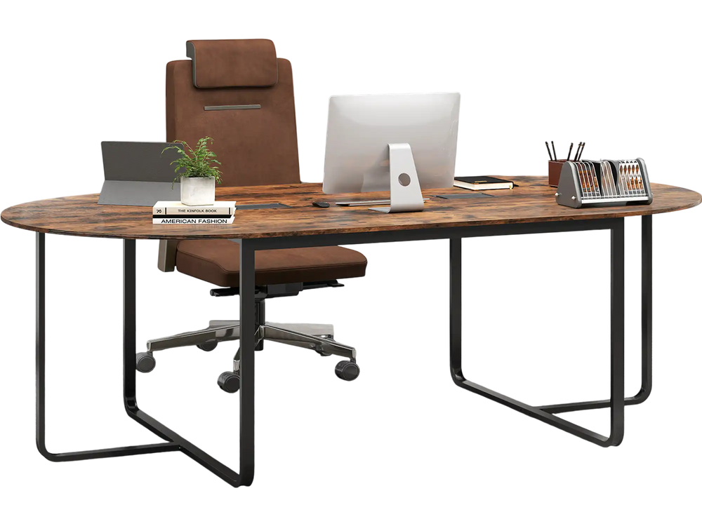 Oval industrial executive table in rustic brown, featuring dual cable holes and T-shaped metal legs for meetings.