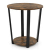 2-tier round end table with a brown melamine surface and sturdy metal frame, ideal for living rooms and bedrooms.