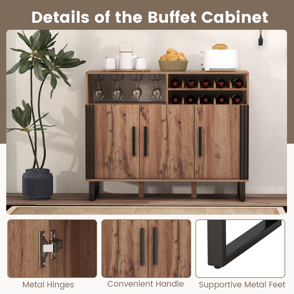 Home wine bar cabinet with three doors, adjustable shelves, and sturdy metal feet for versatile storage solutions.