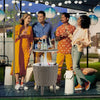 Outdoor 10-gallon cooler bar table in brown, featuring a telescopic tabletop and drinks for a festive gathering.