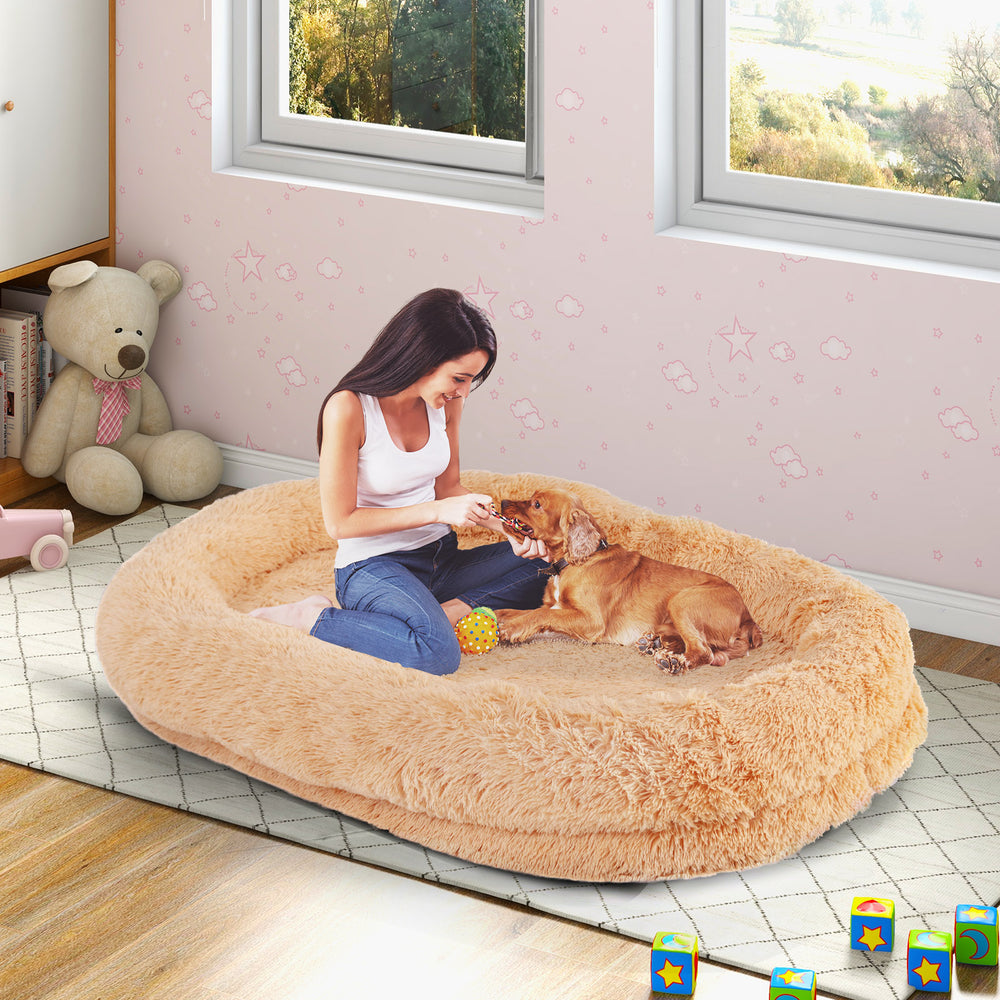 Washable Fluffy Human Dog Bed with Soft Blanket and Plump Pillow-Brown - Gallery View 1 of 10
