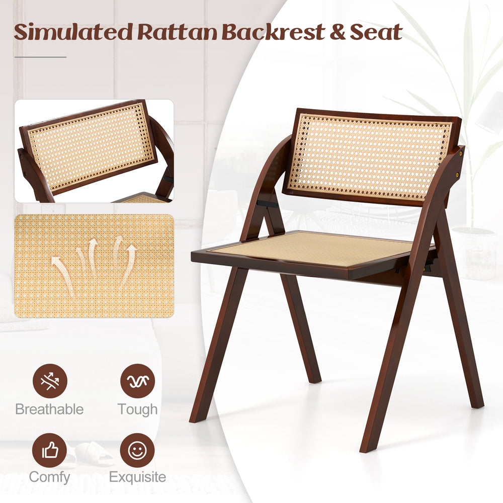 Foldable dining chair with woven rattan backrest, sturdy rubber wood frame, and space-saving design for easy storage.