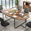 Oval conference table in rustic brown, seating 12, with dual cable holes and T-shaped metal legs for stability.