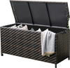 Brown 85-gallon outdoor storage box with removable liner, universal wheels, and PE rattan design for cushions and tools.