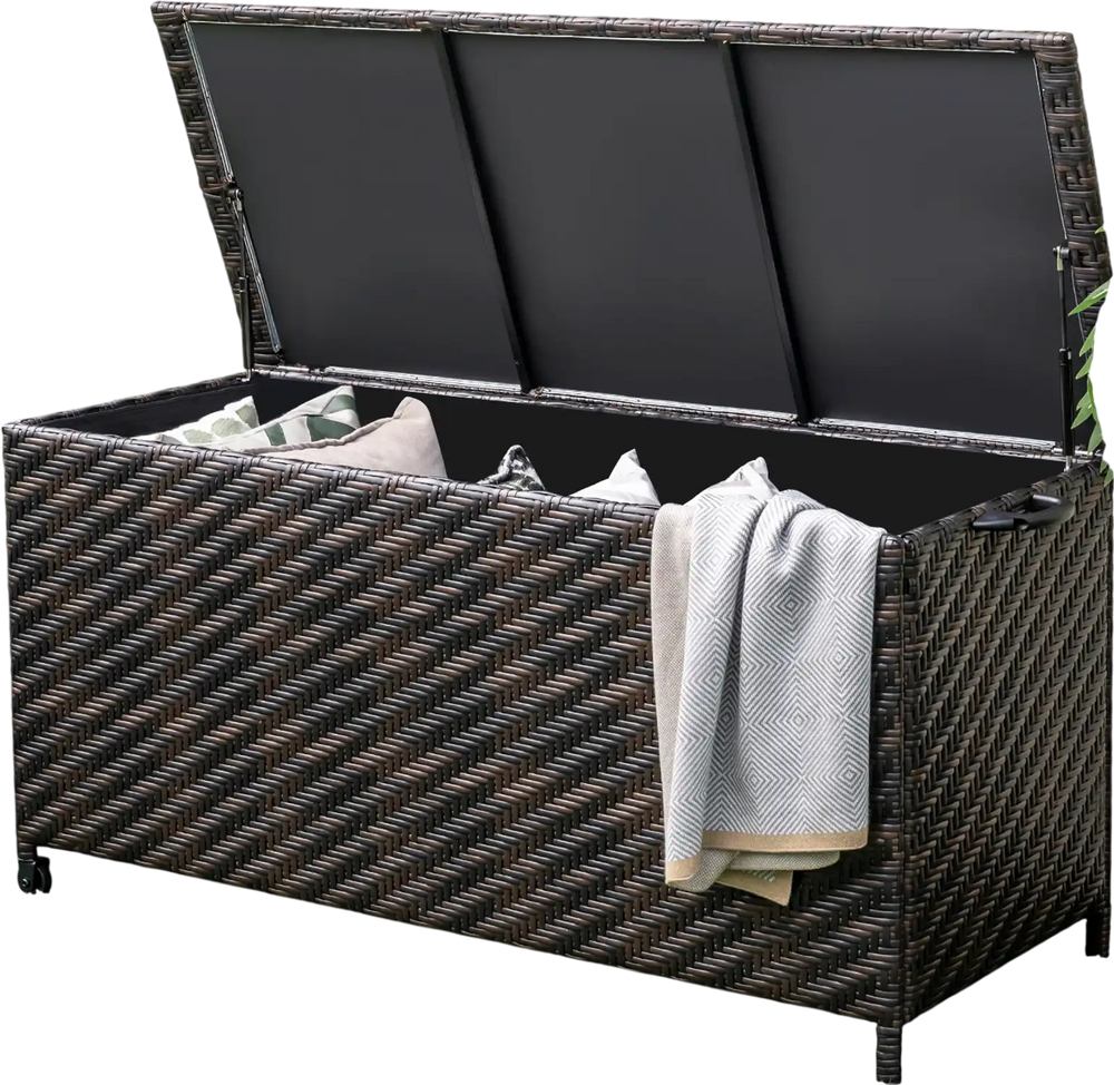 Brown 85-gallon outdoor storage box with removable liner, universal wheels, and PE rattan design for cushions and tools.