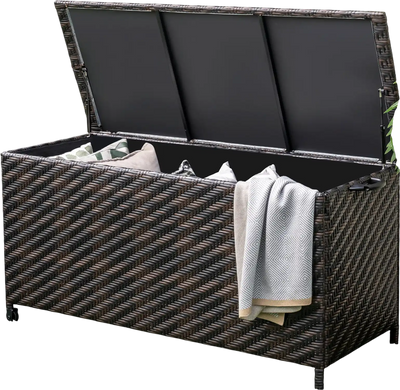 Costway 85 Gallon Outdoor Storage Box w/ Removable Liner & Universal Wheels Brown 65197324 New