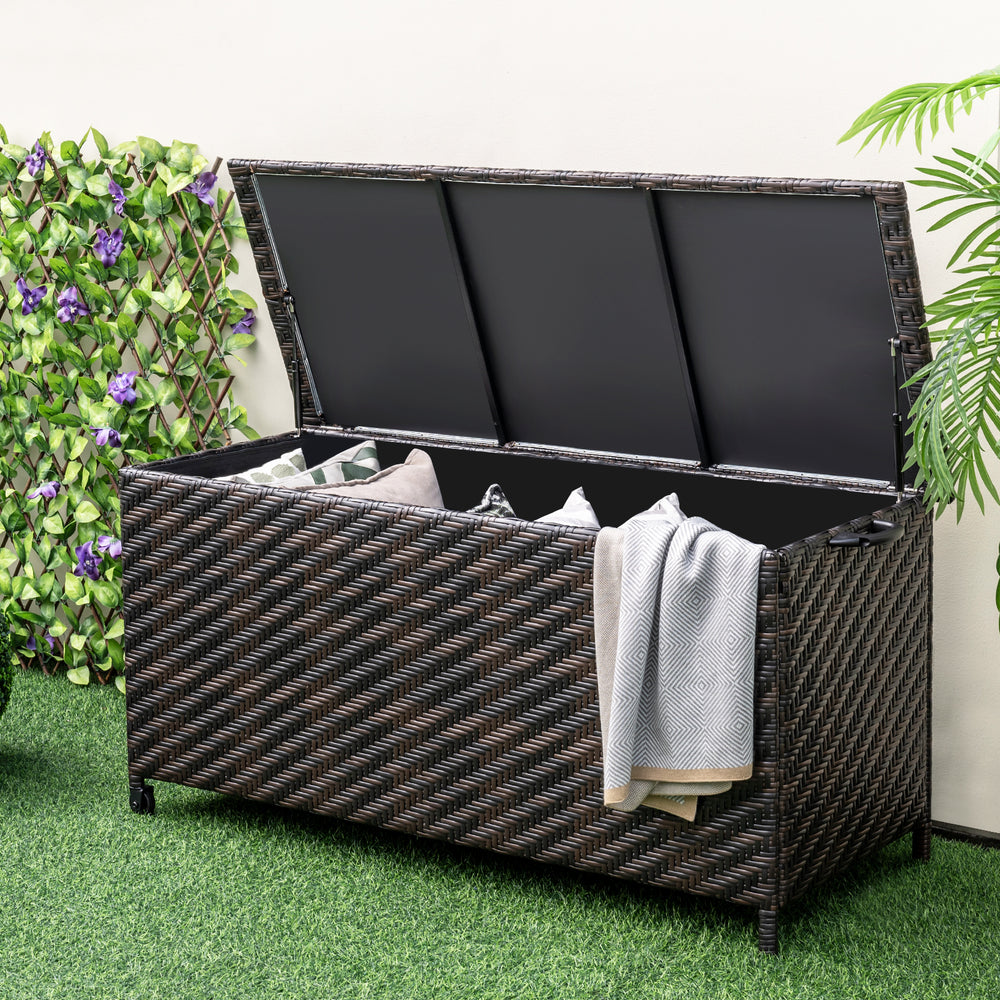 85 Gallon Outdoor Storage Box with Removable Liner and Universal Wheels-Brown - Gallery View 1 of 10