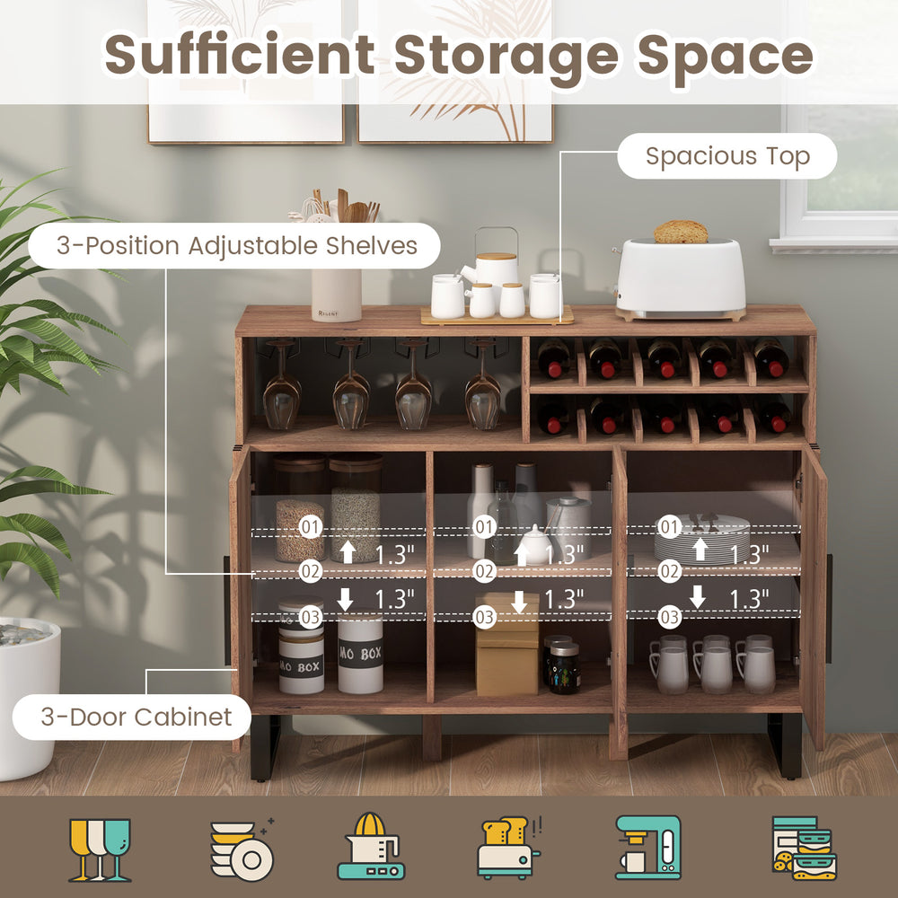 Home wine bar cabinet in brown with adjustable shelves, 3 doors, and wine rack for organized storage and easy access.