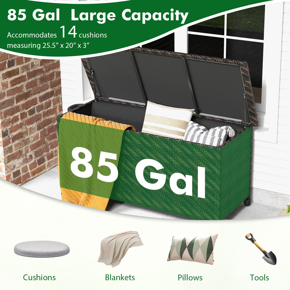 85-gallon outdoor storage box in brown with removable liner, accommodating 14 cushions for versatile outdoor use.