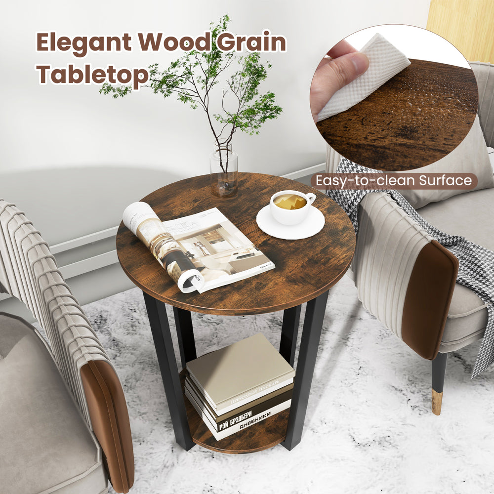 Round end table with a brown wood grain tabletop, featuring a 2-tier design and sturdy metal frame for versatile use.