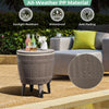 Brown 10-gallon cooler bar table with telescopic tabletop, made of all-weather PP material for outdoor use.