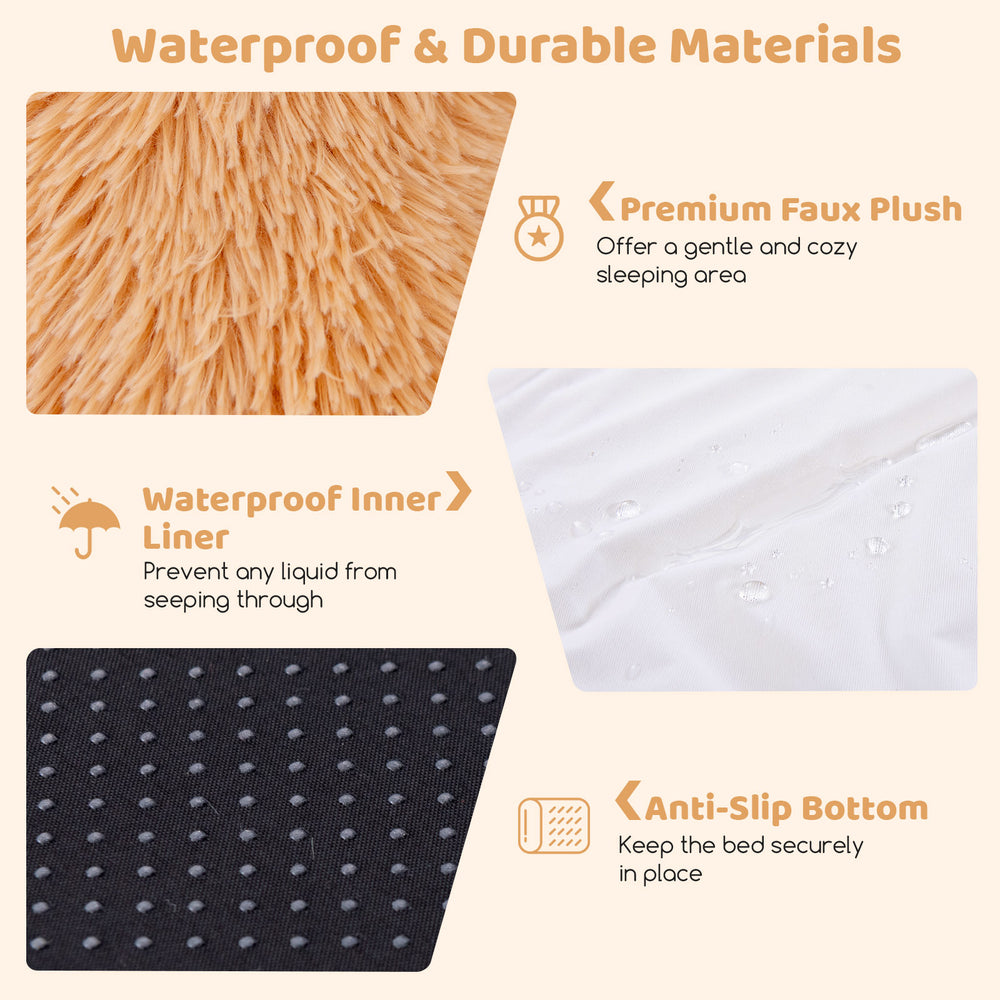 Fluffy brown human dog bed with waterproof liner, anti-slip bottom, and cozy blanket for comfortable pet lounging.