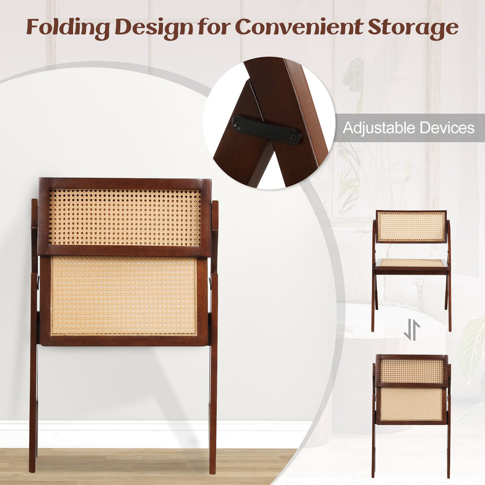 Foldable dining chair showcasing a woven rattan backrest and sturdy rubber wood frame, designed for easy storage and.