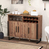 Home wine bar cabinet in brown with 3 doors, adjustable shelves, and 2-tier wine rack for organized storage.
