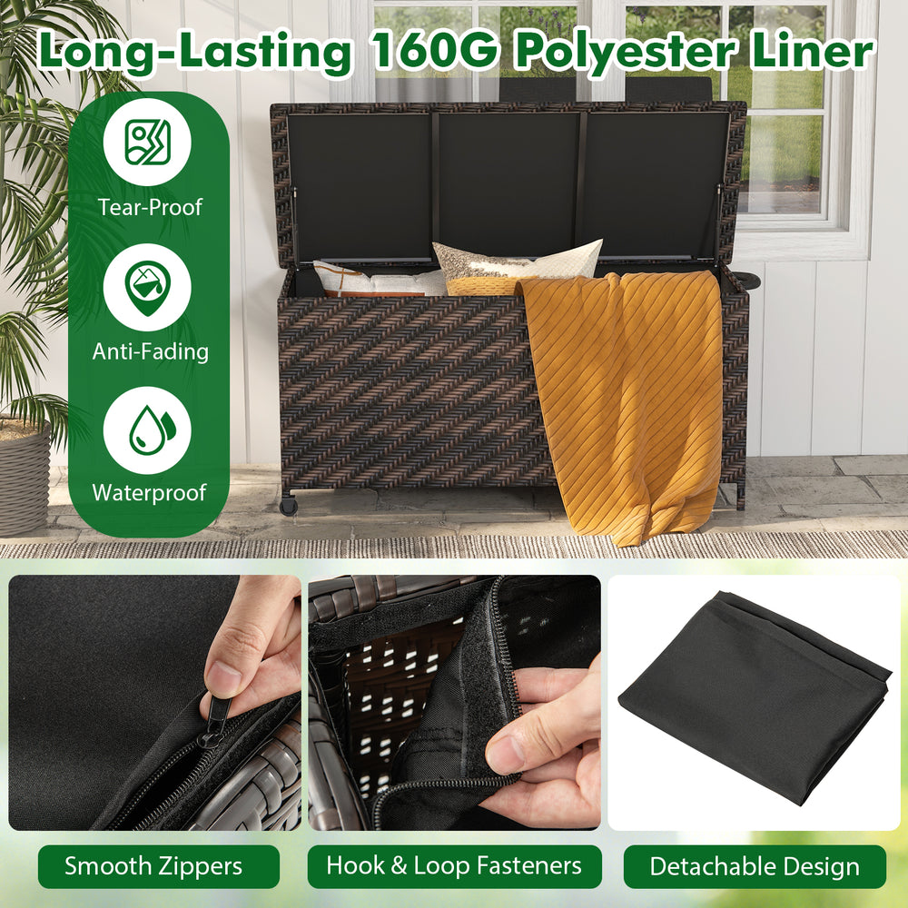 85-gallon outdoor storage box in brown with removable 160G polyester liner, featuring smooth zippers and universal.