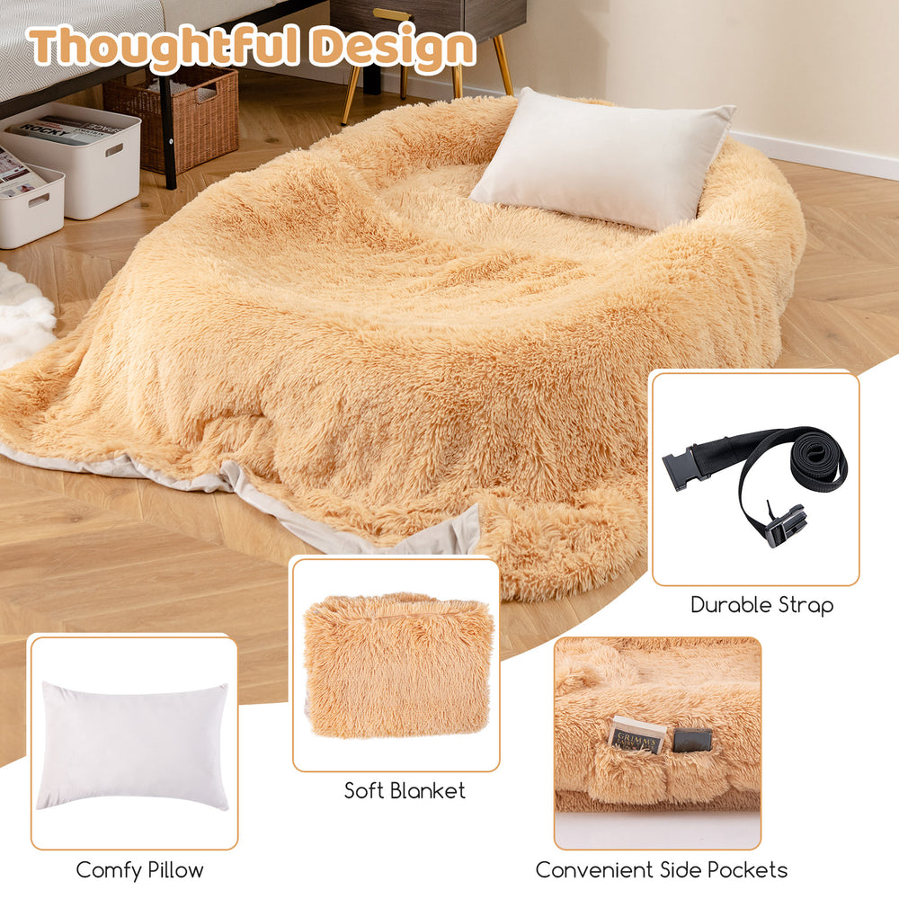 Fluffy human dog bed in brown with soft blanket and plump pillow, featuring convenient side pockets for storage.