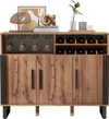 Home wine bar cabinet in brown with three doors, adjustable shelves, and a 2-tier wine rack for organized storage.
