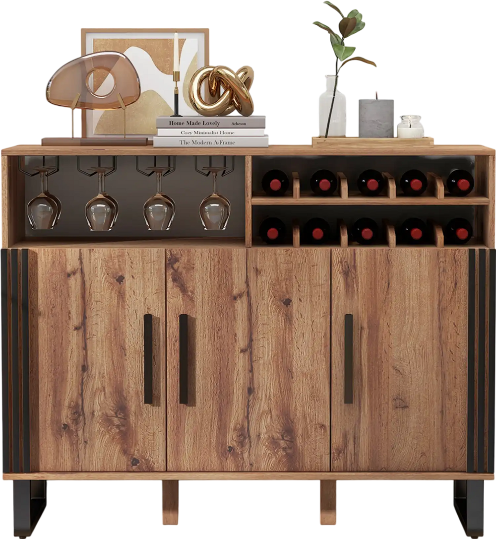 Home wine bar cabinet in brown with three doors, adjustable shelves, and a 2-tier wine rack for organized storage.