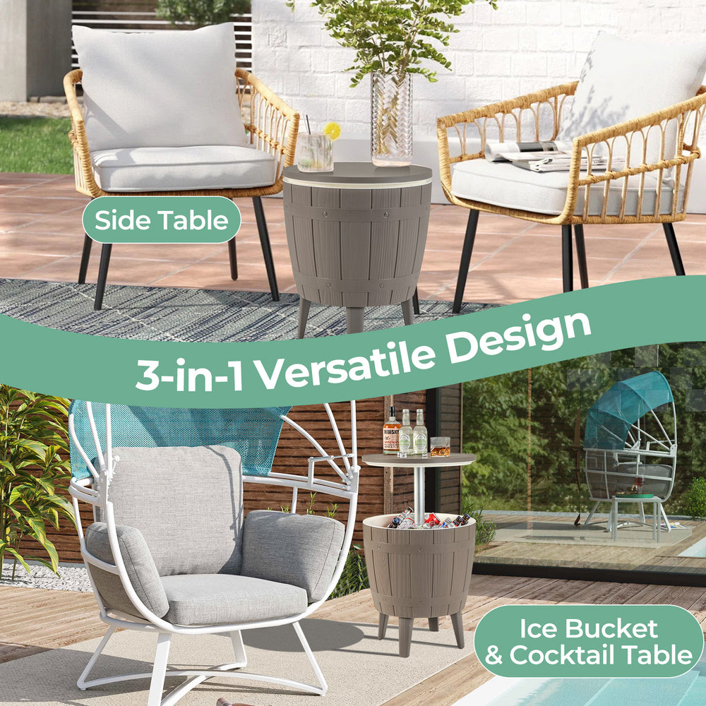 10-gallon cooler bar table in brown, versatile design for ice bucket, cocktail table, or side table with easy-lift top.