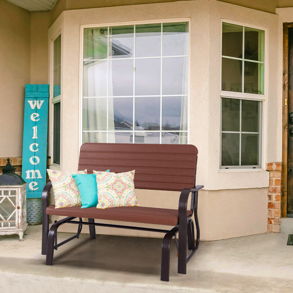 2-Seat Porch Glider with HDPE Back Seat and Steel Frame-Brown - Gallery View 1 of 10
