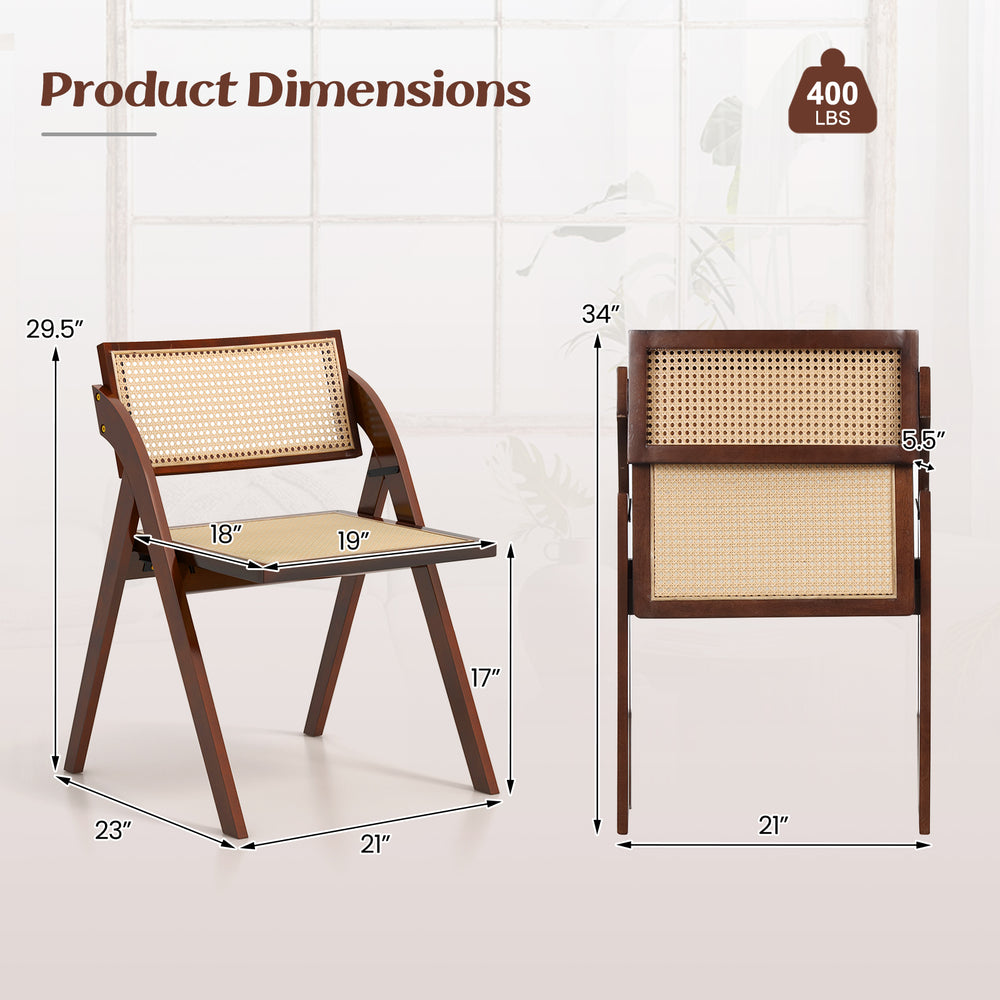 Foldable dining chair with woven rattan backrest, sturdy rubber wood frame, dimensions 29.5" H x 21" W, supports 400.