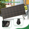Outdoor storage box with removable liner, 85-gallon capacity, featuring PE rattan and PP wheels for easy movement.