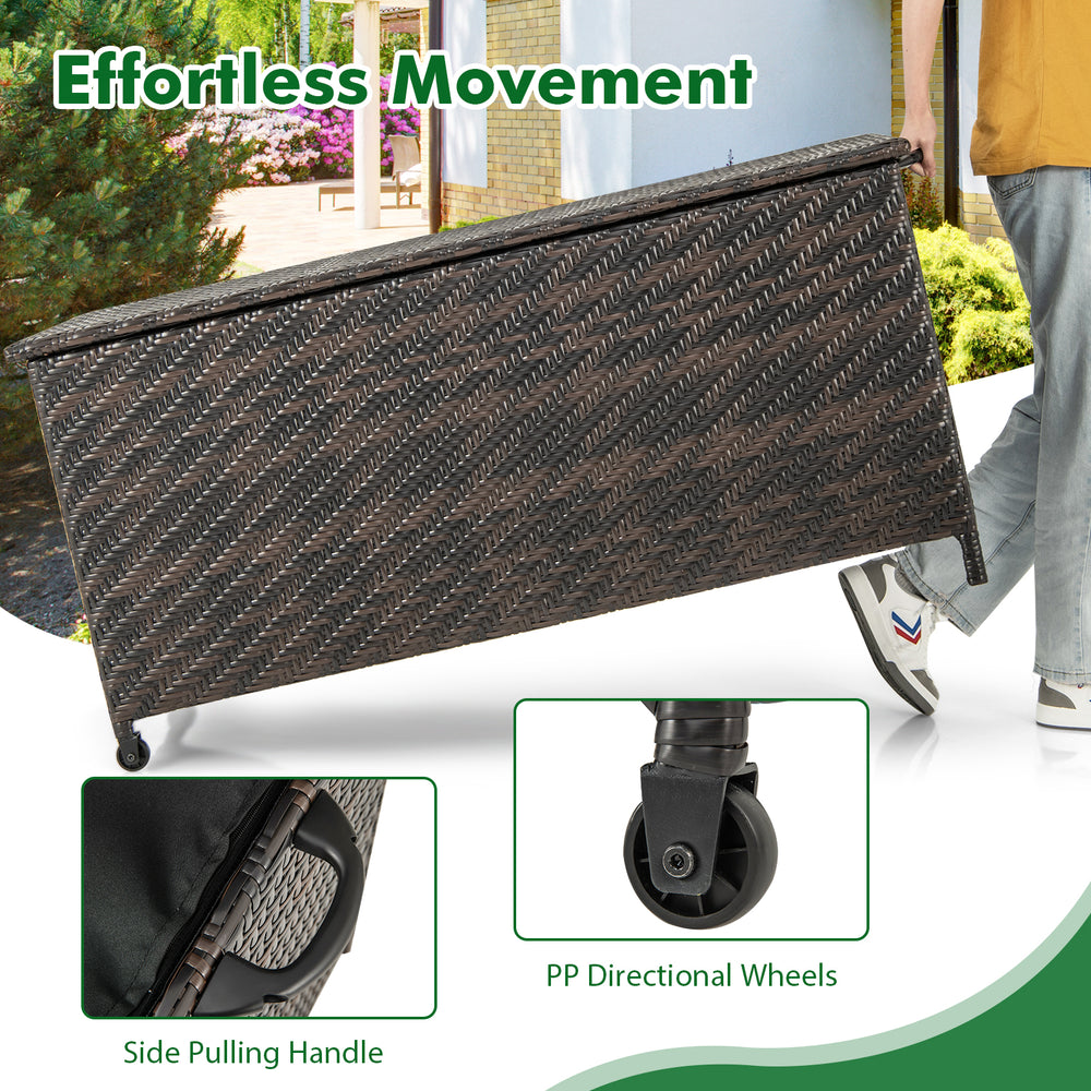 Outdoor storage box with removable liner, 85-gallon capacity, featuring PE rattan and PP wheels for easy movement.